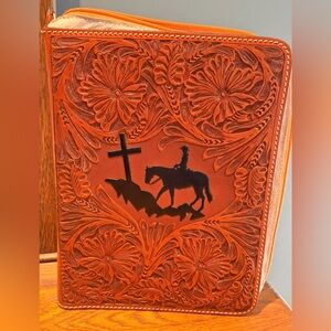 Embossed Leather Bible/Book Cover with Cowboy and Cross Design